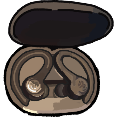 a pair of dark colored ear buds in its case. the ear buds have long ends that wrap behind the ears. the case is oval and darker than the earbuds